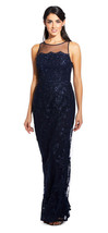 Adrianna Papell Midnight Embroidered Lace Gown with Illusion Halter Neck... - $168.30