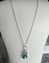 Teal Blue Ribbon Charm Sterling Silver 18&quot; Chain awareness cancer survivor gift - £3.93 GBP+
