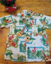 RJC Boys Hawaiian Shirt Aloha Size 6 Ukelele Floral Leaves Tropical Tan Red Grn - £11.84 GBP