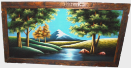 Black Velvet Painting Mountain Lake Trees Nature Scene Large Wood Frame Signed - £46.63 GBP
