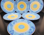 6 Caleca Azzurro Dinner Plates Set Vintage Blue Yellow Band Serve Dish I... - £106.56 GBP