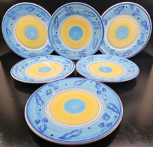 6 Caleca Azzurro Dinner Plates Set Vintage Blue Yellow Band Serve Dish I... - £105.99 GBP