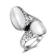 New Bohemian White Opal Ring Silver Color Big Oval Opal Cross Rings For Women Vi - £6.98 GBP