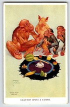 Monkey Pig Casino Wheel Game Postcard Larson Wood Signed Fantasy Anthropomorphic - £20.18 GBP