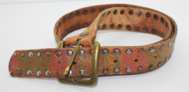 Women&#39;s Brown Leather Painted Roses Studded Belt Brass Buckle Size 32 St... - $22.99