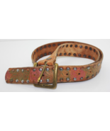 Women&#39;s Brown Leather Painted Roses Studded Belt Brass Buckle Size 32 St... - $31.81 CAD