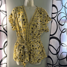 Max Studio Top Yellow Floral Tie Waist Flutter Sleeve Chiffon XL - £14.09 GBP