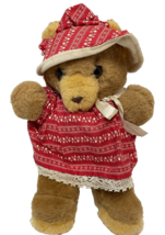 Rare VTG Mary Meyer Finer Stuffed Toys Plush Brown Bear Red Dress and Bonnet 12&quot; - £20.00 GBP