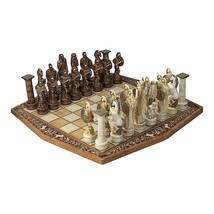 Chess Set Board Parthenon Pedestal &amp; 32 Pieces Macedonian Warriors Sculp... - $257.13