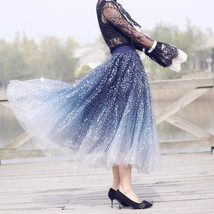 Navy blue Sequined Tulle Skirt Outfit Women Plus Size Sparkly Midi Tulle Skirt image 6