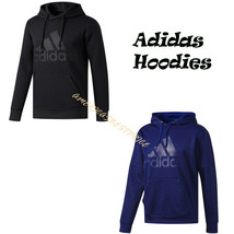 ADIDAS NEW MEN&#39;S PULLOVER HOODIE SWEATSHIRT FLEECE LOGO NWT BLUE BLACK W... - £30.86 GBP