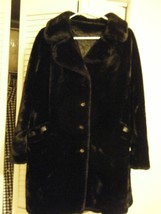 Faux Fur Coat Black Knee Length Gold Buttons Pockets 70s Retro Vintage - $44.99