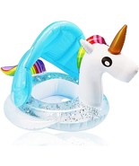 Unicorn Baby Swimming Pool Float With Canopy, Glitters Seat &amp; Safety Han... - £31.26 GBP