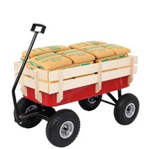 Garden Wagon Iron Wood Four Wheel Red w/ Rails Lawn Utility Cart 38&quot; x 17&quot; x 31&quot; - £67.17 GBP