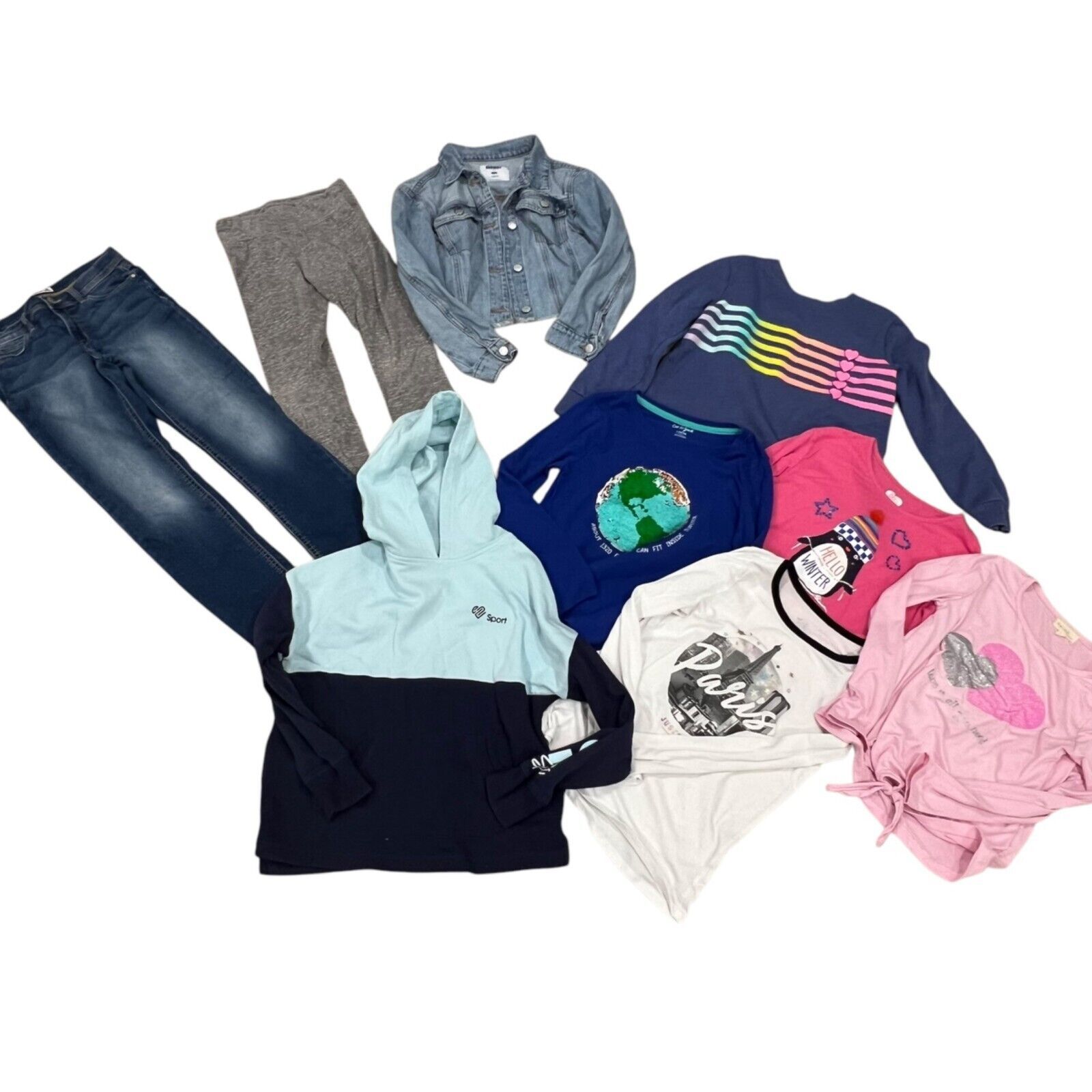 Justice Girls Hoodie Jeans Leggings Denim Jacket &amp; Long Sleeve Shirt Bun... - $48.00