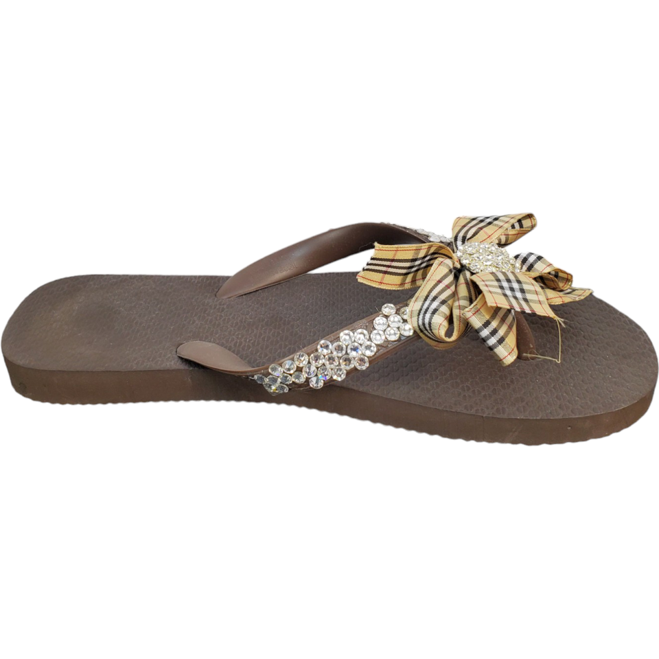 Womens Flip Flop Sandals Brown Plaid Bow Slide Bling Rhinestones Open Toe - $13.80