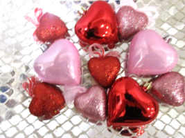 Valentines Day Pink Red Glitter Hearts 3&quot; &amp; 2&quot; Ornaments Decorations Set of 10 - £15.07 GBP