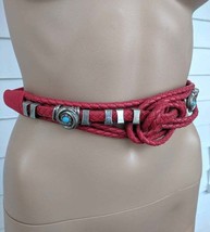 80s Red Leather Rope Belt Macrame Vintage S XS - £26.31 GBP