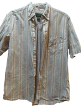 Eddie Bauer SMALL SPOT Men&#39;s button front shirt striped M Medium tan blu... - £6.42 GBP