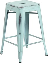Flash Furniture Commercial Grade 24&quot; High Backless Distressed Green-Blue Metal - £73.53 GBP