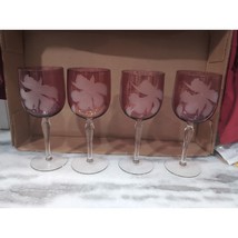 Cranberry Red Wine Glasses, White Etched Flowers, Set Of 4, 7.75&quot; H, Elegant - $39.60