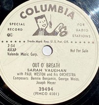 Sarah Vaughn After Hours / Out of Breath Columbia Promo 10&quot; 78 RPM 39494 - £29.36 GBP