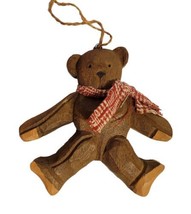 Vintage Handcarved Wooden Teddy Bear Christmas Ornament w/ Red Stripe Scarf EUC - £11.64 GBP