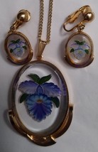 Reverse Carved Dual Painted Orchid Pendant and Earrings Vintage - £26.73 GBP