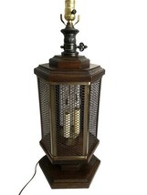 70s Table Lamp Three Candle Wood Mesh Brass Large 3 Modes Vtg Mid Century - £63.49 GBP