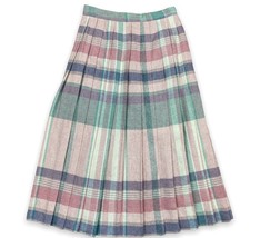 Vintage 70s 80s Pleated Midi Pink Gray Pastel Plaid Check Wool Size 7 26... - $29.69