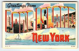 Greetings From Long Island New York Large Big Letter Linen Postcard Unused Boat - £17.84 GBP