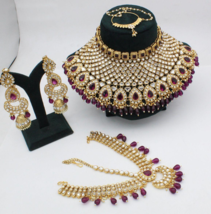 Bollywood Style Gold Plated Indian Kundan Necklace Nose Ring Purple Jewelry Set - £68.75 GBP