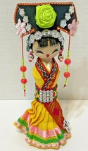 Vintage Handmade Wooden Oriental Girl Doll Embellished Fabric Beads Trim 7 In - £16.40 GBP
