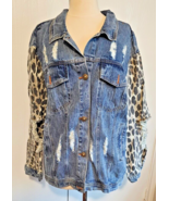 Bibi Women&#39;s Long Sleeve Shirt Jacket LARGE Denim &amp; Leopard Print Distre... - $58.04