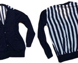Navy Blue White Striped Chiffon Back Stretch Knit Cardigan Sweater Size ... - $12.77