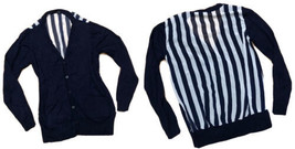 Navy Blue White Striped Chiffon Back Stretch Knit Cardigan Sweater Size S Small - £9.97 GBP