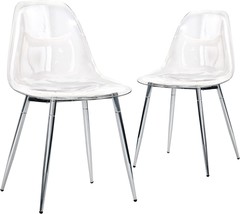 Modern Desk Side Chair With Metal Legs, Set Of 2, Clear, Transparent Silver, - £135.03 GBP
