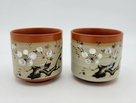 Vintage Hand Painted Japanese Cherry Blossom Terracotta Tea Cups - Set of 2  - £11.89 GBP