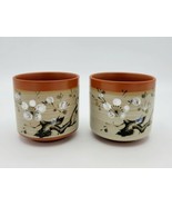 Vintage Hand Painted Japanese Cherry Blossom Terracotta Tea Cups - Set o... - £11.86 GBP