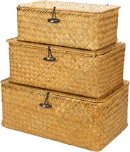 Yesland Shelf Baskets With Lid Set Of 3, Handwoven Seagrass Storage Bins Box - £26.78 GBP