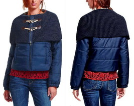 Anthropologie Puffer Toggle Jacket Small Blue Black Shawl Collar Zip Cro... - $123.85