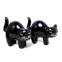 2 Black Cats Spooky Salt &amp; Pepper Shaker Yellow Eyes Scared Halloween 2.75&quot; - £16.02 GBP