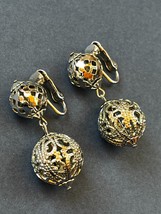 Vintage Coro Signed Double Lacey Hollow SIlvertone Bead Dangle Clip Earrings – - $13.09
