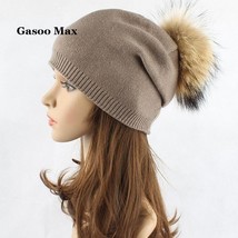 Inter hat wool knitted beanies cap real natural raccoon fur pompom hats cashmere gorros thumb200
