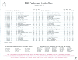 2010 Augusta National Masters Golf Tournament Roster Pairings &amp; Starting Times - £27.88 GBP