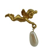 Vintage Kirks Folly Angel Cherub Dangling Pearl Pin Brooch Gold Tone Fau... - €25,57 EUR