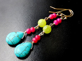 Neon Turquoise Earrings, Colorful Teardrops, Long Boho Drop Earrings - £19.18 GBP