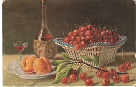 Litho OGZL ART Painting postcard Still life Cherry Apricot Wine posted Sverige - £5.88 GBP