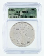 1991 Silber American Eagle Ausgewählten Von ICG As MS-69 ! Frühe Adler - £72.40 GBP