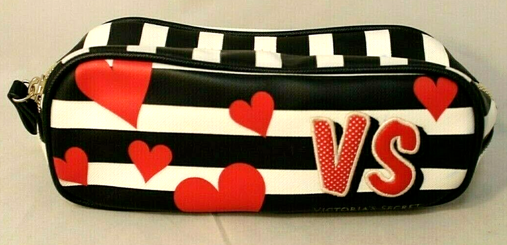 NWT VICTORIA'S SECRET BLACK & WHITE STRIPE HEARTS ESSENTIAL COSMETIC TRAVEL  BAG - $10.99